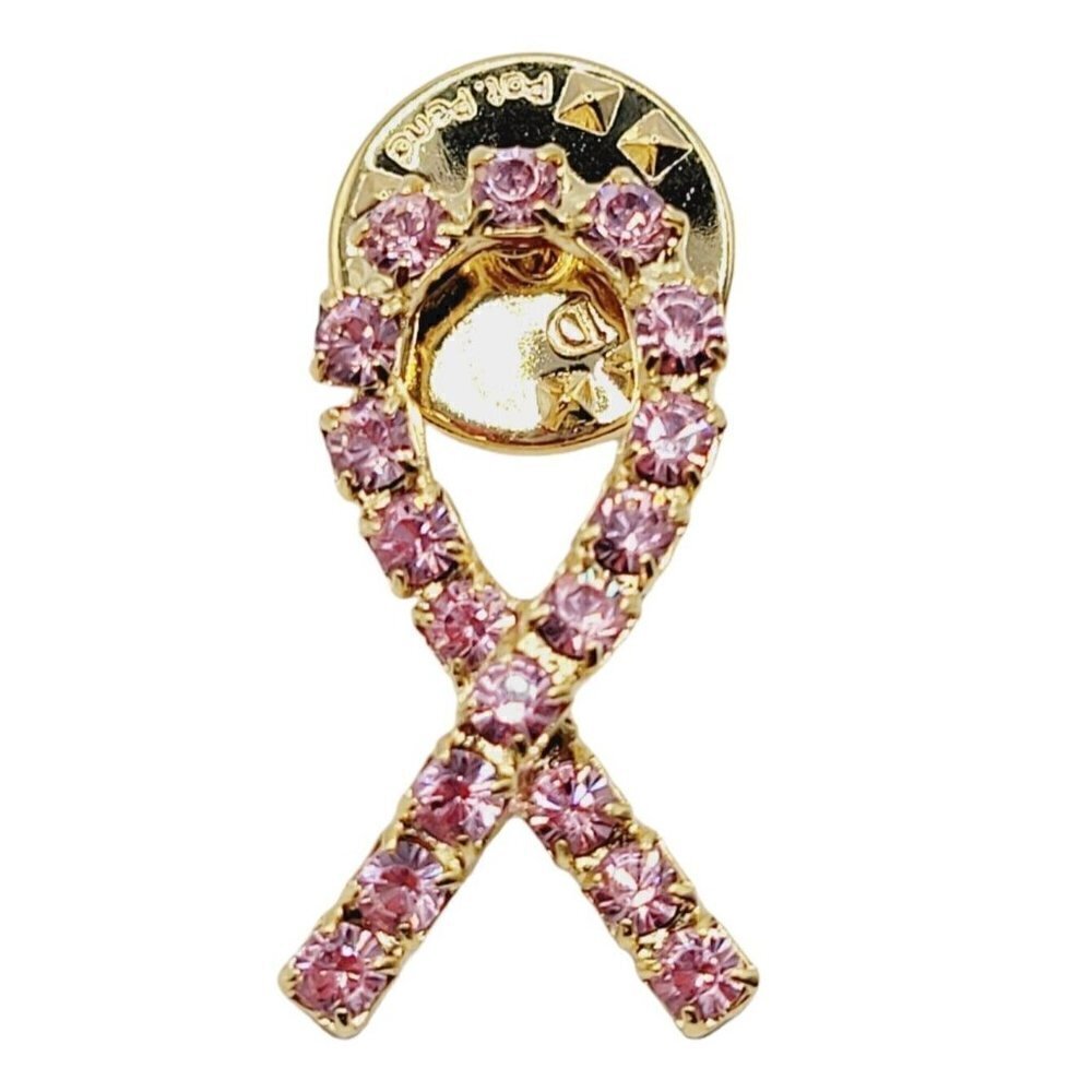 Breast Cancer Awareness Ribbon Tie Tac Lapel Pin Satin Gold Tone Pink Rhinestone